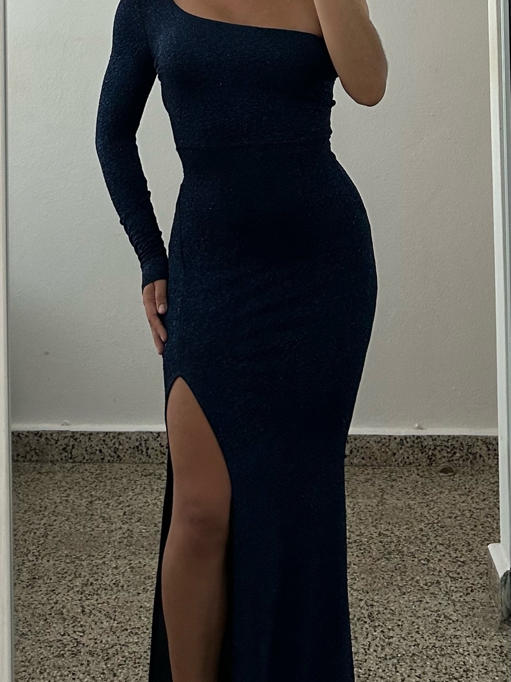 One-Shoulder Navy Evening Glitter Dress with Thigh Slit